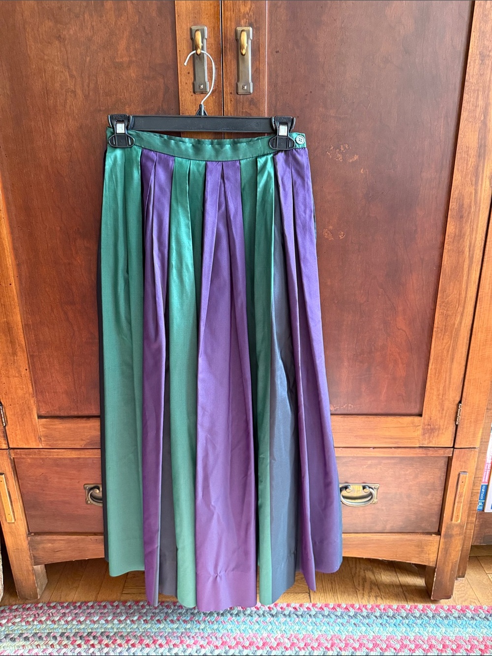Pleated Two-Tone Green and Purple Maxi Skirt